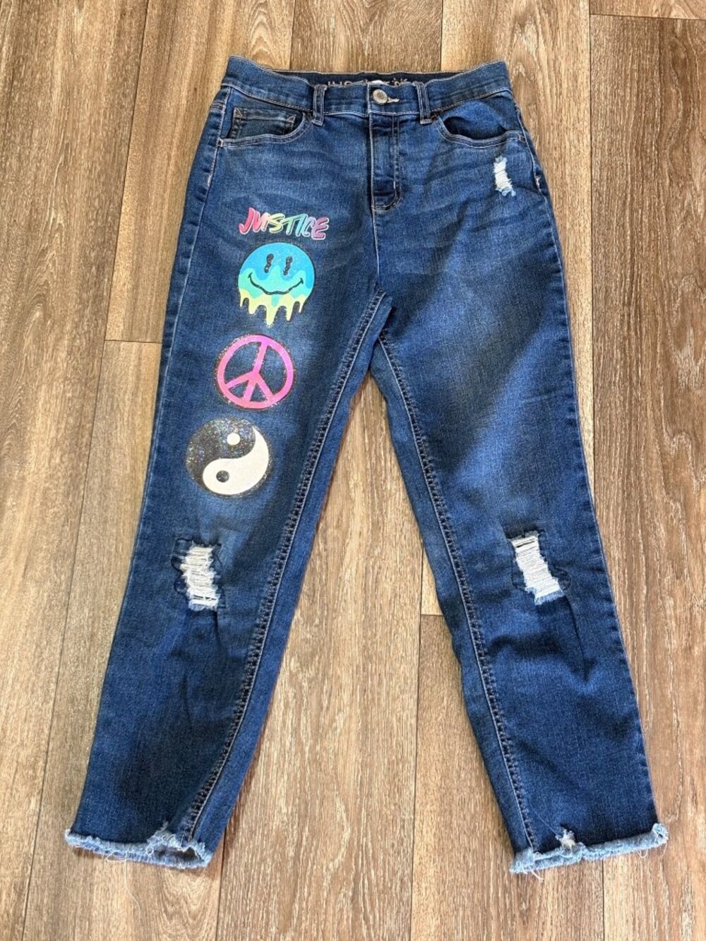 Justice Mini Mom Jean Girls Distressed Blue Peace Smiley Patch Size 14